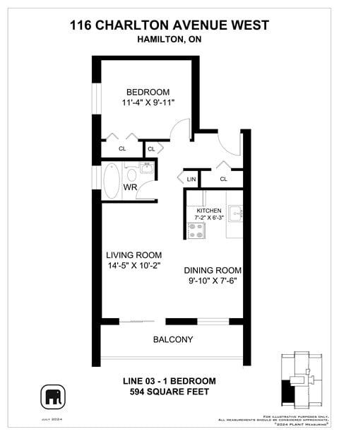 Floor plan for 1 bed, 1 bath, 627 sqft